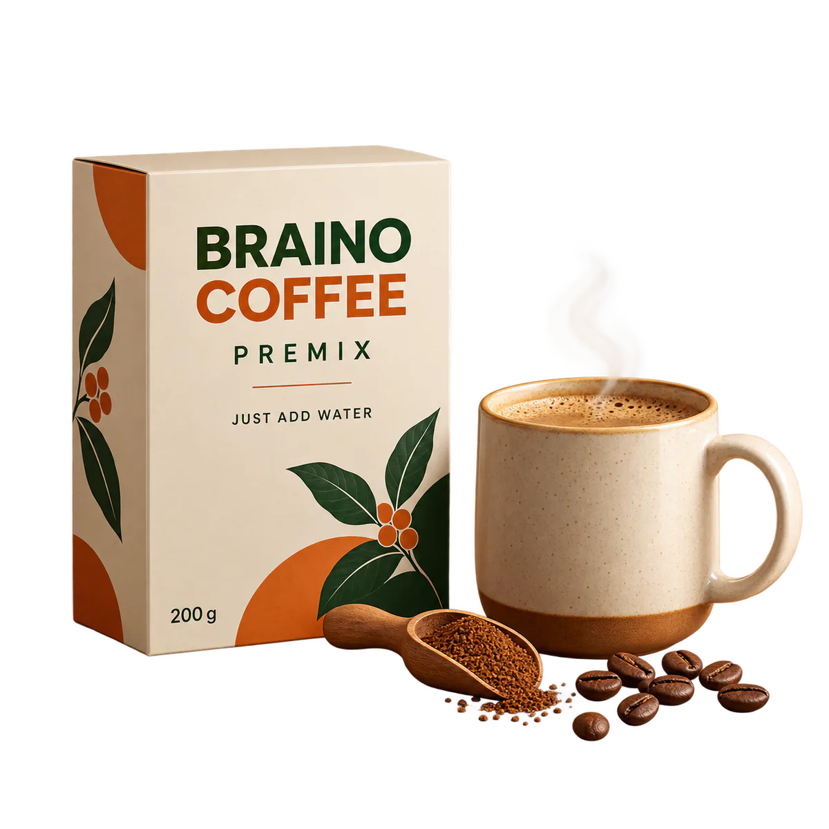Braino Coffee premix with a steaming cup